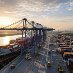 Vista aérea ilustrativa de terminal portuário brasileiro com navio, guindastes e contêineres em operação logística